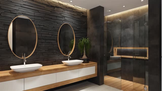 Modern black minimalist bathroom with black slate stone wall. Modern spa bath concept.