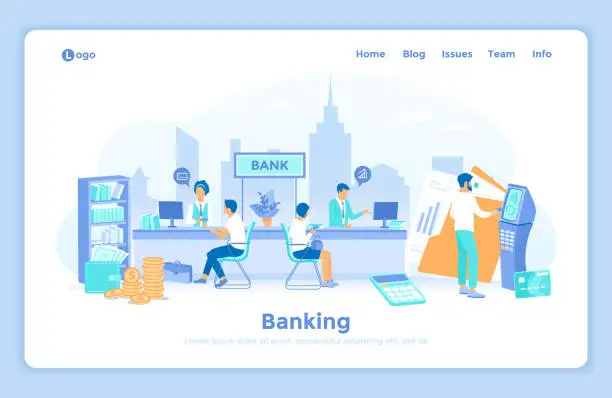 Vector illustration of Banking Financial services. Money exchange, transfer, payment, accounts operation. Bank office interior, finance managers and clients. Man with a credit card near an ATM. landing web page template.