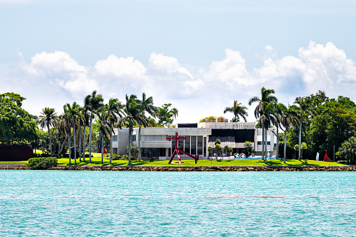 Bal Harbour, USA - May 8, 2018: Miami, Florida at Biscayne Bay Intracoastal water and view of Indian Creek Billionaire island house waterfront oceanfront property modern mansion
