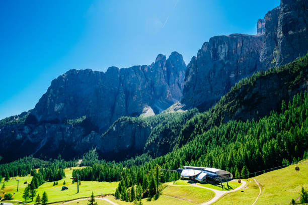 Valley surrounded by mountains and pine forests. Blue sky on the background.