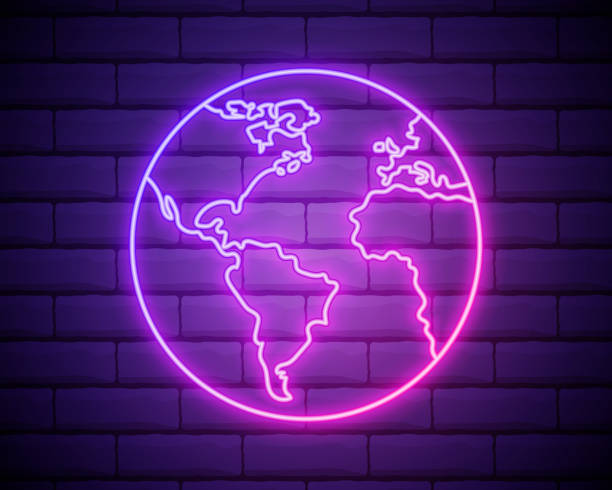 istock Glowing neon line Earth globe icon isolated on brick wall background. World or Earth sign. Global internet symbol. Geometric shapes. Vector Illustration 1310171482