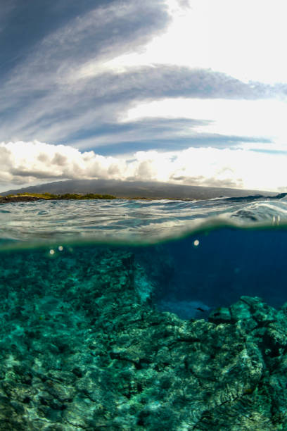 Split shot of Big Island above water landscape and underwater world