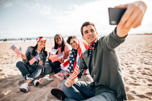 happiness friends all together with us flag take a selfie