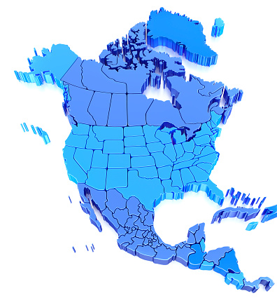 North America Map with USA, Mexico, Canada, Greenland, Cuba, Jamaica, Guatemala, El Salvador, Belize. 3D Render