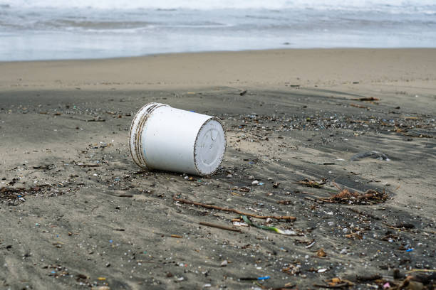 istock Plastic container waste and tar pollution on stormy sea coast,environmental waste contamination 1310175266