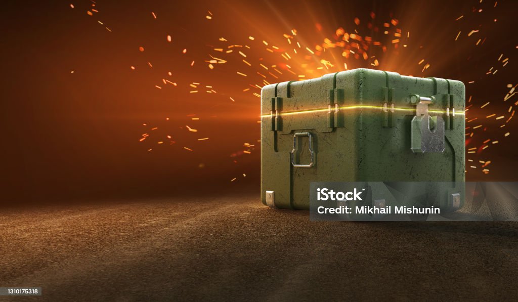 army box with loot boxes and glow inside. text box. 3d rendering Box - Container Stock Photo