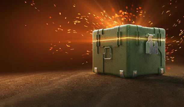 army box with loot boxes and glow inside. text box. 3d rendering army box with loot boxes and glow inside. text box. 3d rendering metal crate stock pictures, royalty-free photos & images