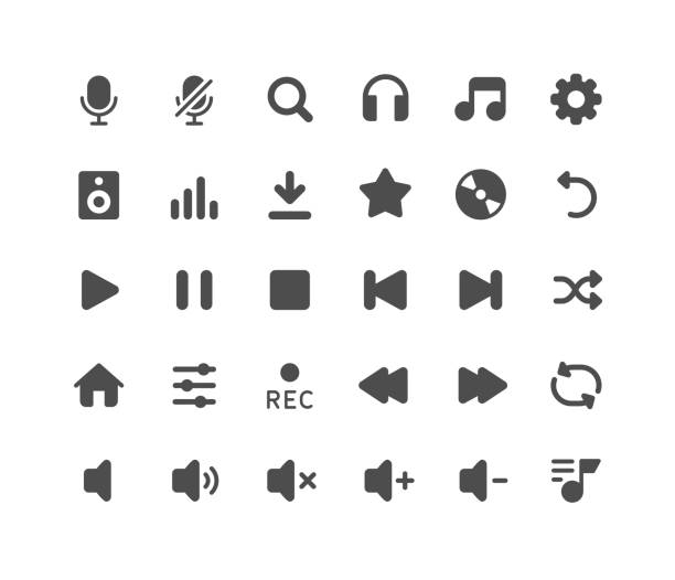 płaskie ikony interfejsu użytkownika audio - resting interface icons push button computer key stock illustrations