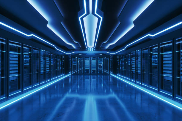 Futuristic Data Center Futuristic server room lit with blue lights. supercomputer stock pictures, royalty-free photos & images