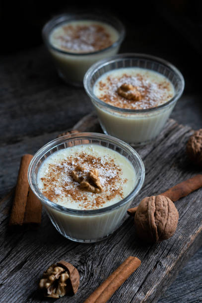 istock Pudding in glass bowl with cinnamon and walnut on rustic table, milk dessert 1310179777