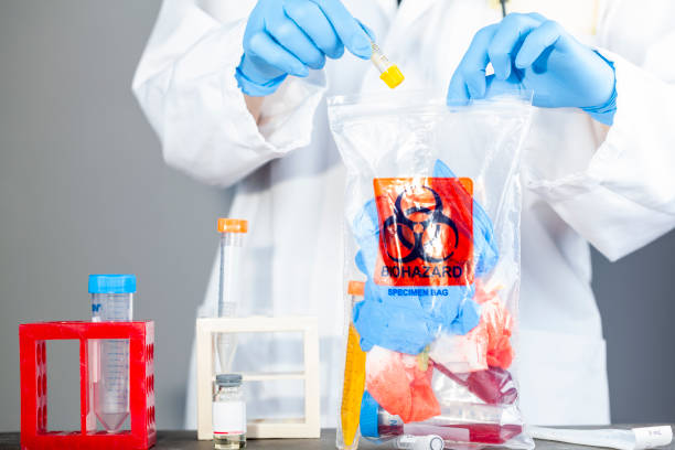 researcher with a biohazard bag full of dangerous waste stock photo