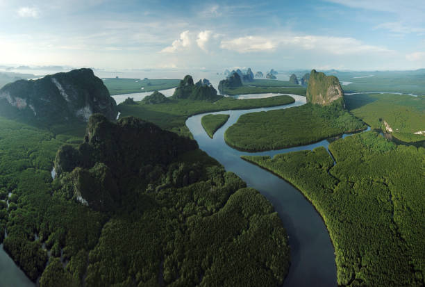 Aerial view Ao Phang Nga Bay famous place at Krabi and Phuket in Thailand. Aerial view Ao Phang Nga Bay famous place at Krabi and Phuket in Thailand. phang nga bay stock pictures, royalty-free photos & images