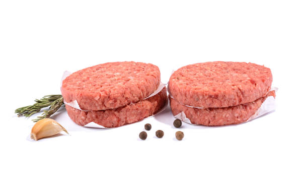 istock Raw beef patties for making a burger.Isolated on a white background.Selective Focus. 1310190524