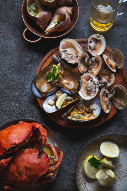 istock Fresh seafood shellfish mussels, clams, crabs and snails on gray background 1310194006