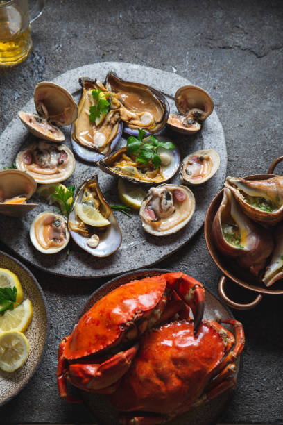 istock Fresh seafood shellfish mussels, clams, crabs and snails on gray background 1310194010