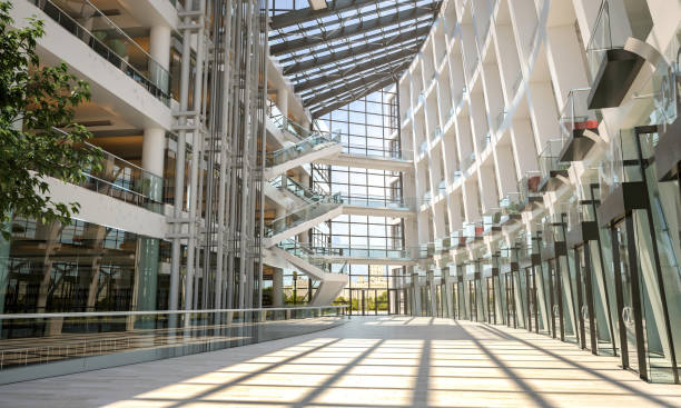 Interior of the Calgary Central Public Library building in downtown Calgary, Alberta, Canada on a sunny day.