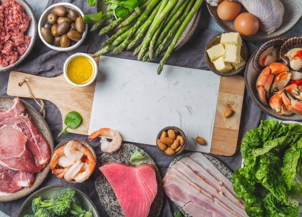 istock Food background with meat, eggs, fish, seafood, and vegetables. Top view, copy space 1310194055
