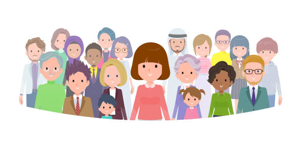 flat type Straight bangs women_standing-front Set of women standing in front of a large crowd. Vector art that is easy to edit. business casual fashion stock illustrations