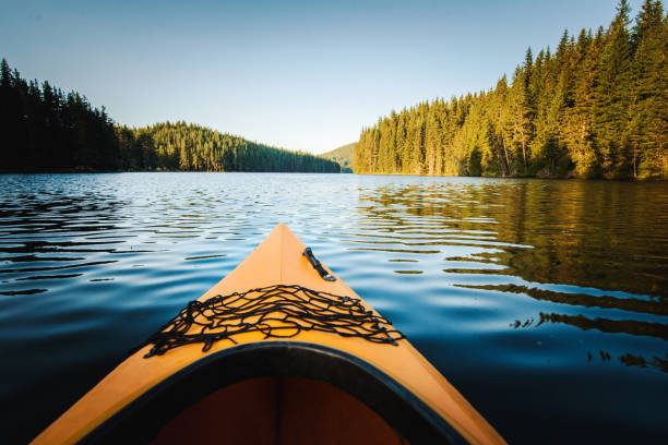 kayak dans un lac. - canoe kayak, jaune photos et images de collection