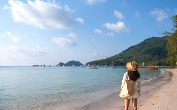 istock a woman with hat and bag strolling on the beach with blue sky background 1310198347