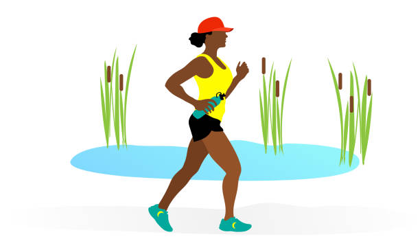 African American Woman Jogging Woman jogging next to a pond in a public park in this colorful flat design vector illustration woman wearing baseball cap stock illustrations
