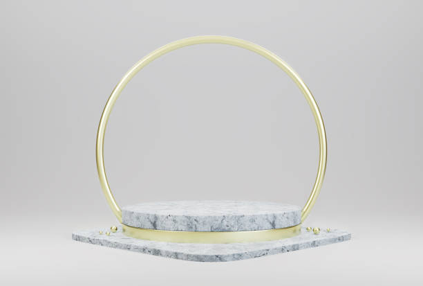 istock Mockup marble stone podium display With golden circles on white background for product presentation. 1310201447