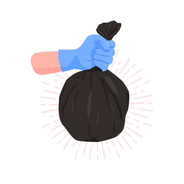 ilustrações, clipart, desenhos animados e ícones de mão estava usando luvas azuis e estava carregando um saco de lixo preto. - bag garbage bag plastic black