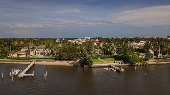 Aerial View of Downtown West Palm Beach, Florida Inlet Waterfront During Spring Break in March of 2021