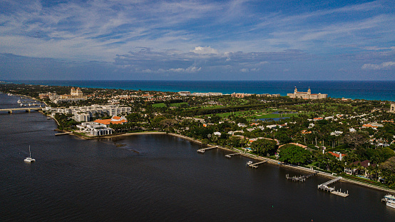 Aerial View of Downtown West Palm Beach, Florida Inlet Waterfront During Spring Break in March of 2021