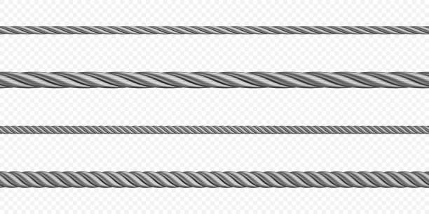Metal hawser, rope, steel cord of different sizes Metal hawser, rope, steel cord of different sizes, silver colored twisted cables or strings. Decorative sewing items or industrial objects isolated on transparent background Realistic 3d vector set wire stock illustrations