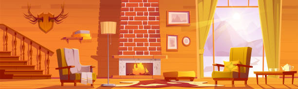 ilustrações de stock, clip art, desenhos animados e ícones de living room interior of chalet house in mountains - home interior cabin shack european alps