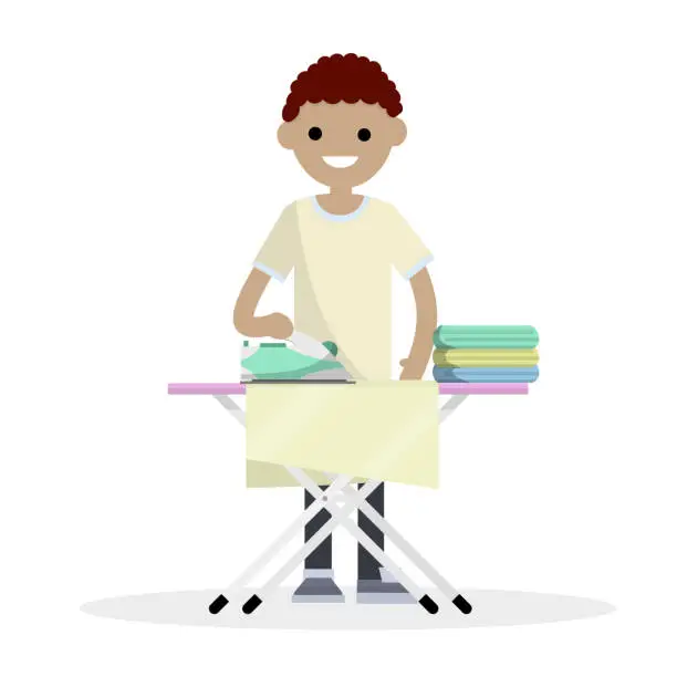 Vector illustration of Cartoon flat illustration- a young guy in clothes stands with an Ironing Board and an iron. cleaning clothes and folded underwear. home care. Appliances for the home.