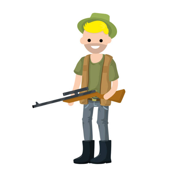 ilustrações de stock, clip art, desenhos animados e ícones de man hunter with gun. guy with rifle. shooter and weapon. cartoon flat illustration. equipment for hunting animals - rifle hunting shotgun gun