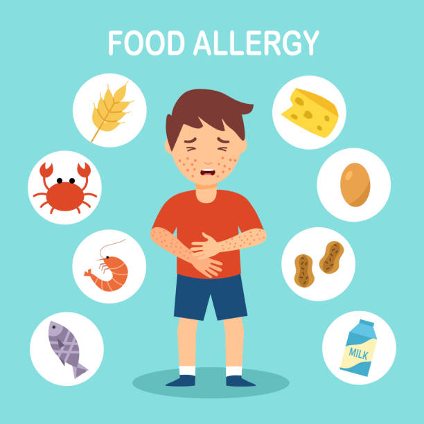anak laki-laki memiliki gejala alergi makanan terhadap produk seperti makanan laut, gluten, telur, kacang tanah dan susu dalam desain datar. anak mendapat bintik-bintik merah di kulitnya. - food allergies ilustrasi stok