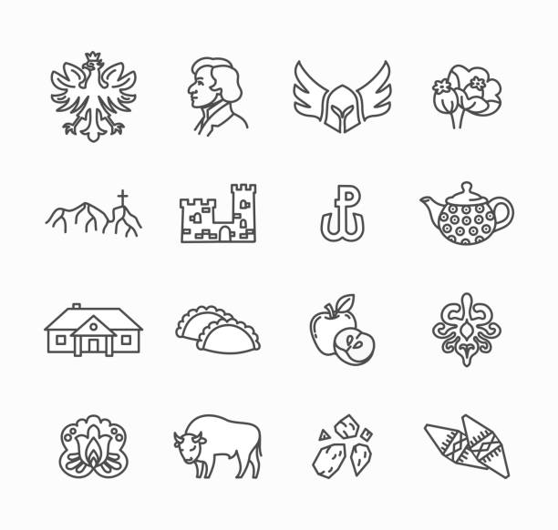 ilustrações, clipart, desenhos animados e ícones de símbolos nacionais da polônia- vetor fino conjunto de linha, coleção - frederic chopin