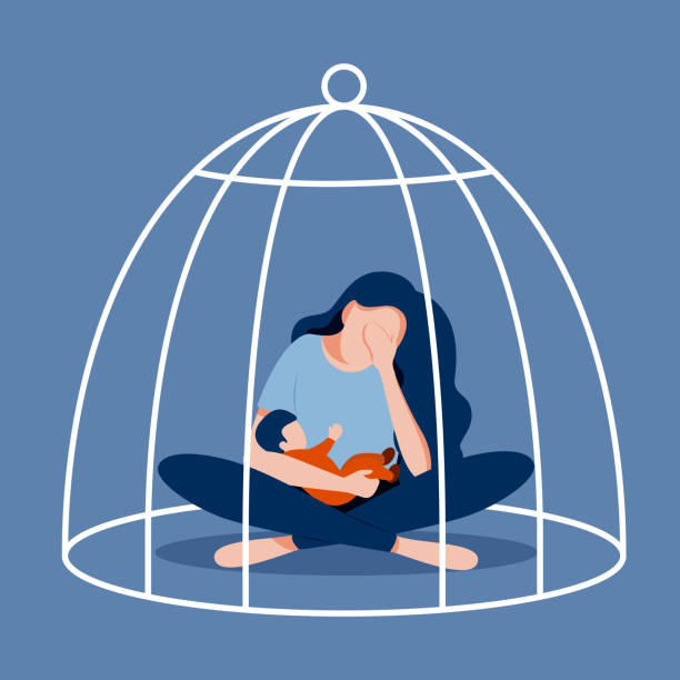 Postnatal, postpartum depression. Tired mother with infant Exhausted young woman with baby in her arms locked in a cage. Postnatal, postpartum concept. Vector illustration in flat style prison illustrations stock illustrations