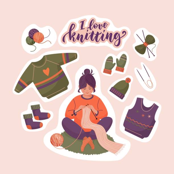 ilustrações de stock, clip art, desenhos animados e ícones de set of stickers with a lettering, cute girl knitting a scarf and a knitted clothes. - scarf hat green glove