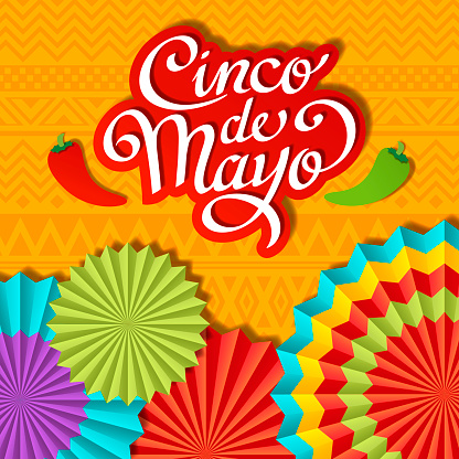 Join the Cinco De Mayo Fiesta held on 5 May with decoration of colorful party paper fans on the orange folk art pattern