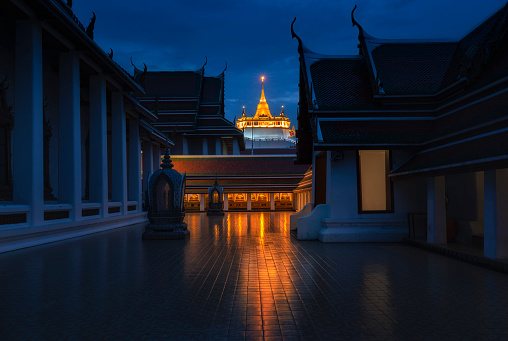 The Golden Mount at Wat Saket at night The Landmark in Bangkok city.