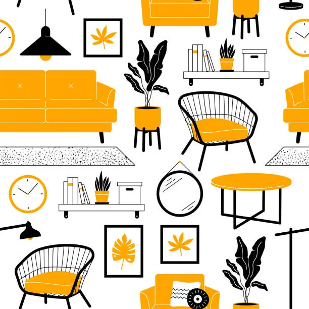 Vector illustration of Living room furniture seamless pattern. Sofa, armchair, houseplants, objects decoration in simple trendy flat style.