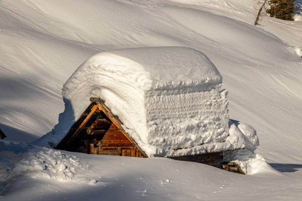 istock Mountain hut covered in snow, mountain pasture Dedno polje 1310224135