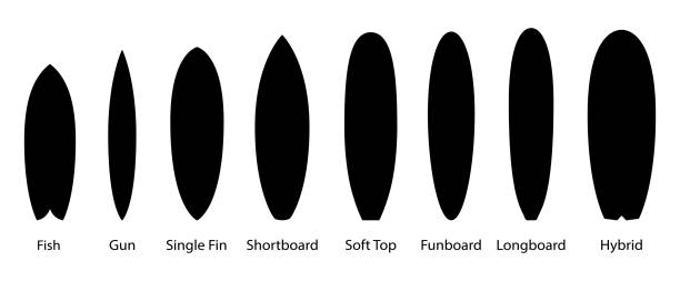 große reihe von schwarzen surfbrettertypen. - surfboard stock-grafiken, -clipart, -cartoons und -symbole