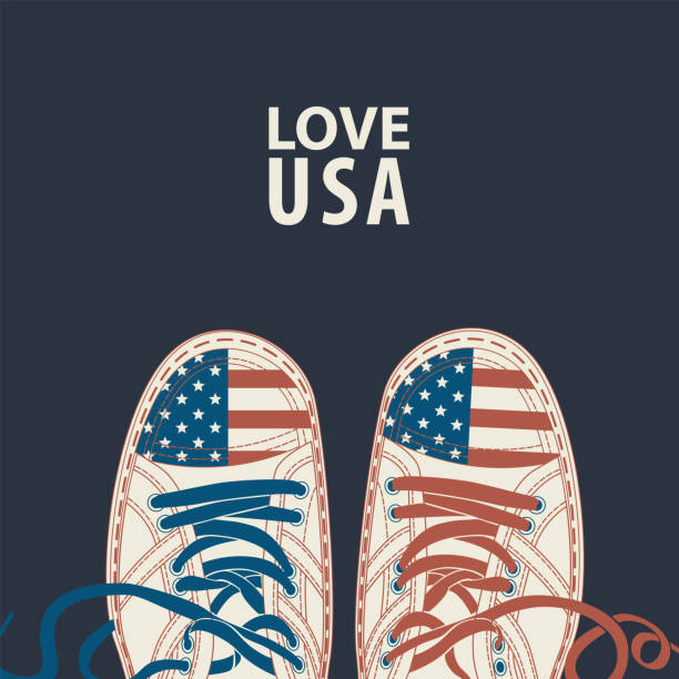 banner with words Love USA and white sneakers Vector banner with the words Love USA and white sneakers with different laces and elements of the American flag on a dark background. Suitable for flyer, banner, poster, price tag, label usa flag shoes stock illustrations