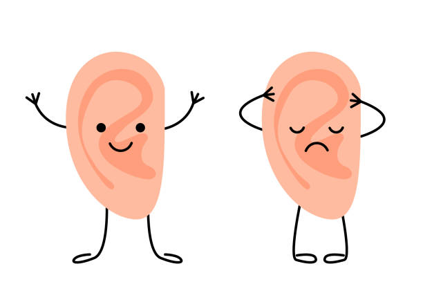 Ear happy healthy and sad sick characters. Check hearing organ for kids. Check health of ear. Earache, otitis, tinnitus concept. Vector flat illustration Ear happy healthy and sad sick characters. Check hearing organ for kids. Check health of ear. Earache, otitis, tinnitus concept. Vector illustration funny ear stock illustrations