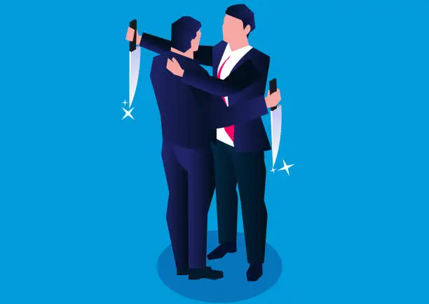 Vector illustration of Business conspiracy and business betrayal, isometric two businessmen holding daggers and hugging each other