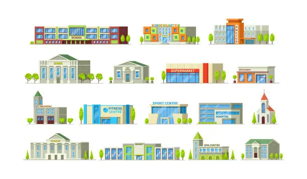 Vector illustration of Municipal buildings set. Buildings police station, hospital, school, supermarket, kindergarten, university, sports complex, bank, restaurant, church, museum, fitness, post office cartoon