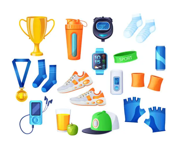 Vector illustration of Running Accessories for fitness. Running Gear for female. Sports sneakers, shorts, leggings, fitness watch, cap, wristband, stopwatch, t-shirt, glasses, medal, cup, armband, fitness drink