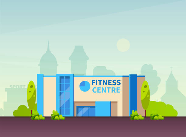 Municipal Gym buildings. Fitness center modern architecture building, sport house in summer urban landscape of cityscape cartoon vector Municipal Gym buildings. Fitness center modern architecture building, sport house in summer urban landscape of cityscape cartoon vector illustration community health center stock illustrations
