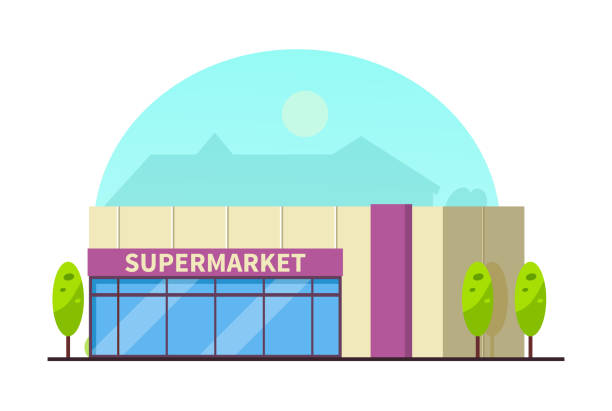 budynek supermarketu z widokiem z przodu i letnia sylwetka miasta na tle. sklep sklep sklep sklep sklep budynku centrum handlowego - shopping mall supermarket store sign stock illustrations