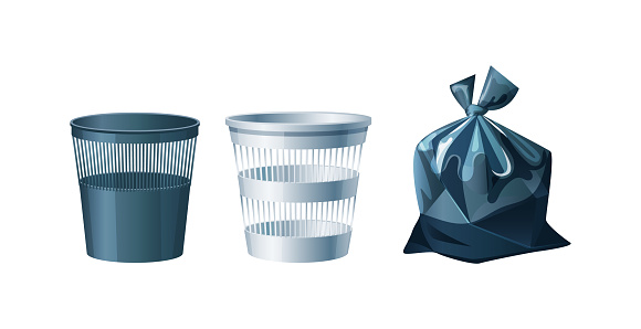 Ðffice mesh metal and plastic bucket and trash bags. Waste sorting and recycling vector illustration
